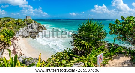 Panoramic View of Caribbean coast and Mayan Ruins. Tulum park. Mexico. Traveling America.