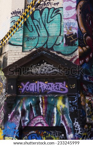 MELBOURNE, AUSTRALIA, 21 NOVEMBER 2014. Graffiti by unidentified artist. Importance of youth projects street art recognized.