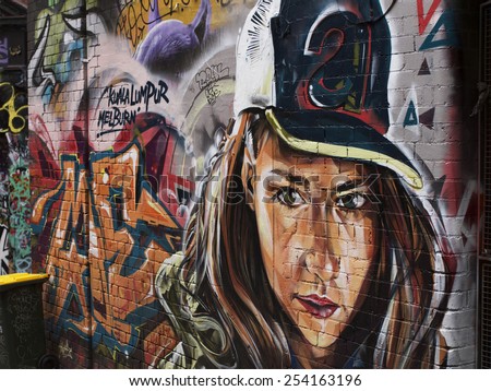 MELBOURNE, AUSTRALIA, 17 FEBRUARY 2015. Graffiti on building wall in alleyway by unidentified artist. Importance of youth projects street art recognized.