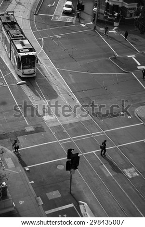 MELBOURNE, AUSTRALIA, 21 July 2015. View of Swanston Street in Melbourne in Black & White from top of Building. Street photography.