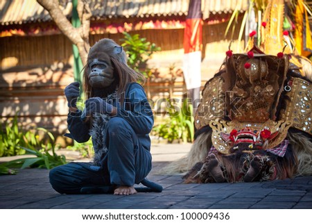 BALI, INDONESIA - APRIL 9: Monkey and Barong during presentation of classic national Balinese dance Barong on April 9, 2012 on Bali, Indonesia. Barong is very popular cultural show on Bali.