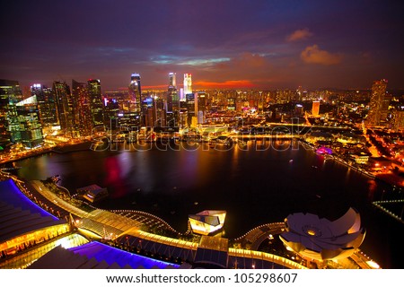 Panorama of Singapore from roof Marina Bay hotel, in the night.