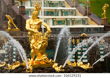Famous Samson and the Lion fountain in Peterhof Grand Cascade, St. Petersburg, Russia.