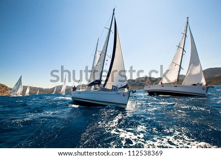 Mediterranean Sea, Turkey- May 29: Boats Competitors During Of Sailing Regatta Sail &Amp; Fun Trophy 2012 From Marmaris To Fethiye, May 29, 2012 In The Mediterranean Sea, Turkey.