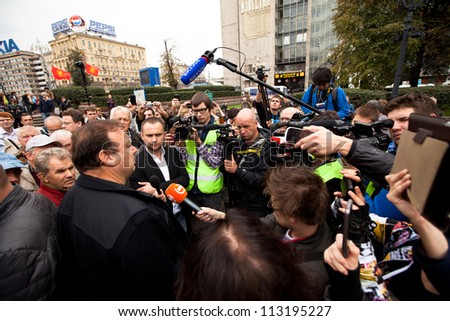 MOSCOW - 15 SEPTEMBER: Opposition activist Gennady Gudkov speaks at a  an anti-Putin protest  rally in central in Moscow on September 15, 2012 in Moscow. Thousands marched through Moscow to protest.