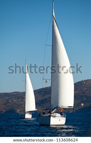 SARONIC GULF,  GREECE - SEPTEMBER 23: Boats Competitors During of sailing regatta \