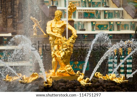PETERHOF, RUSSIA - JULY 1: Samson and Lion - central fountain palace and park ensemble \