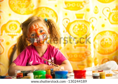 Little Child, Drawing Paint With Paint Of Face