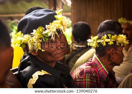 BERDUT, MALAYSIA - APR 8: Unidentified old man Orang Asli in his village on Apr 8, 2013 in Berdut, Malaysia. More than 76% of all Orang Asli live below the poverty line, life expectancy - 53 years old