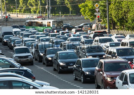 Moscow - June 13: Cars Stands In Traffic Jam On The City Center, June 13, 2013, Moscow Russia. Moscow Mayor Sobyanin Reconstructs Suburban Railways, To Solve Problem Of Traffic Jams In 2016.