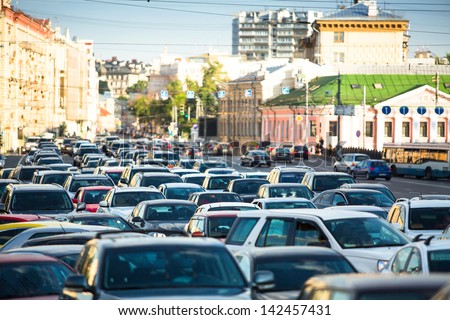 Cars stands in traffic jam in Moscow.