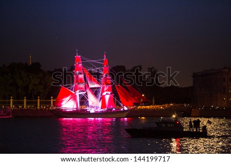 ST.PETERSBURG, RUSSIA - JUNE 24: Celebration Scarlet Sails show during the White Nights Festival, June 24, 2013, St. Petersburg, Russia. From 2010, public attendance grew to 3 million.