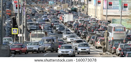 Moscow - Apr 29: Cars Stands In Traffic Jam On The City Center, April 29, 2011, Moscow Russia. In Moscow Continues Rapid Growth Cars Park, Now More Than 380 Cars Per 1,000 Inhabitants.