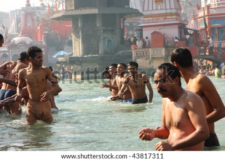 HARIDWAR, INDIA - JANUARY 14: People celebrate Makar Sankranti, huge Religious festival regarding Sun and Harvest at the banks of Ganga river January 14, 2009 in Haridwar, India.
