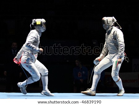 MOSCOW, RUSSIA - FEBRUARY 13: Duel for Cup Grand Prix event, Eun S.Oh (KOR) and Zsolt Nemcsik (HUN) compete at the 2010 RFF Moscow Saber World Fencing Tournament, February 13, 2010 in Moscow, Russia.