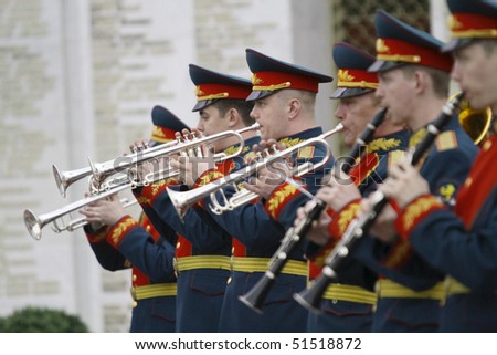 MOSCOW - APRIL 21: Military orchestra on ceremony of transfer of the symbolic Victory Banner of the delegation of the Republic of Kazakhstan in the Hall of Fame, April 21, 2010 in Moscow, Russia.