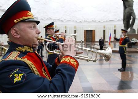 MOSCOW - APRIL 21: Military orchestra on ceremony of transfer of the symbolic Victory Banner of the delegation of the Republic of Kazakhstan in the Hall of Fame, April 21, 2010 in Moscow, Russia.