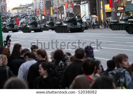 MOSCOW - APRIL 29: Russian army military vehicles in downtown Moscow on Tverskaya Street near Red Square, during a rehearsal for the Victory Day military parade, April 29, 2010 in Moscow, Russia.