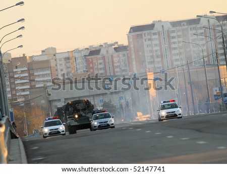 MOSCOW - APRIL 27: Russian army military vehicles in downtown, during a rehearsal for the Victory Day military parade which will take place at Moscow\'s Red Square, April 27, 2010 in Moscow, Russia.