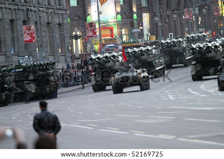 MOSCOW - APRIL 29: Russian army military vehicles in downtown Moscow on Tverskaya Street near Red Square, during a rehearsal for the Victory Day military parade, April 29, 2010 in Moscow, Russia.