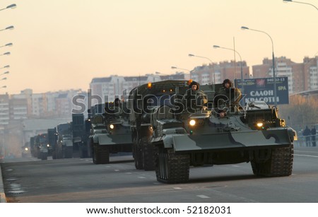 MOSCOW - APRIL 27: Russian army military vehicles in downtown, during a rehearsal for the Victory Day military parade which will take place at Moscow's Red Square, April 27, 2010 in Moscow, Russia.