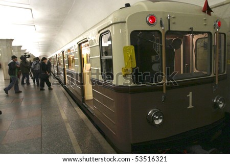 MOSCOW - MAY 15: Vintage car, replica of the first 1934 train, sets off on May 15 marking the 75th anniversary of Moscow Metro, May 15, 2010 in Moscow, Russia.