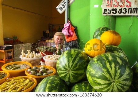 TBILISI, GEORGIA - JUL 18: Sale of agricultural products on central food market, Jul 18, 2011 in Tbilisi, Georgia. Suitable for farming areas account only for 16% of total territory of the country.