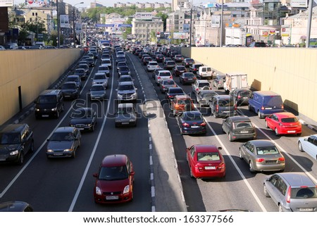 MOSCOW - MAY 5: Cars stands in traffic jam on the city center, May 5, 2011, Moscow Russia. In Moscow continues rapid growth cars park, now more than 380 cars per 1,000 inhabitants.