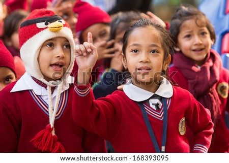 Kathmandu, Nepal - Dec 22: Unknown Pupils During Dance Lesson In Primary School, Dec 22, 2013 In Kathmandu, Nepal. Only Only 25% Of Girls Attend Schools And Half Of The Children Can Reach The 5 Grade.