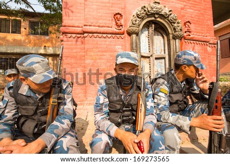 KATHMANDU, NEPAL - Oct 19: Unknown nepalese soldiers Armed Police Force, Dec 19, 2013 in Kathmandu, Nepal. Minimum age for enlistment is 18 years, tasked with counterinsurgency operations in Nepal.