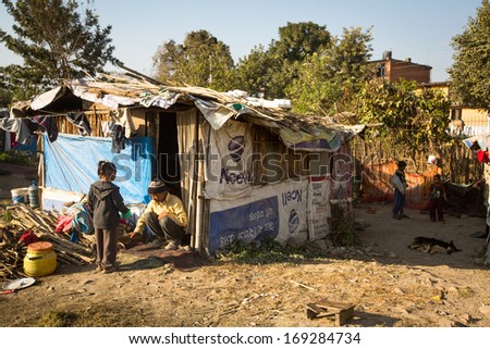 Kathmandu, Nepal - Dec 16: Unidentified Poor People Near Their Houses At Slums In Tripureshwor District, Dec 16, 2013 In Kathmandu, Nepal. Caste Of Untouchables In Nepal, Is About 7 % Of Population.