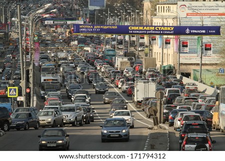 MOSCOW - APR 29: Cars stand in traffic jam on the city center, April 29, 2011, Moscow Russia.  Moscow continues rapid growth in cars, now more than 380 cars per 1,000 inhabitants.