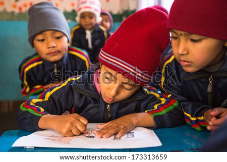Kathmandu, Nepal - Dec 24: Unknown Pupils In English Class At Primary School, Dec 24, 2013 In Kathmandu, Nepal. Only 50% Of Children In Nepal Can Reach 5 Grade.