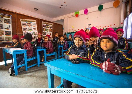 Kathmandu, Nepal - Dec 24: Unknown Pupils In English Class At Primary School, Dec 24, 2013 In Kathmandu, Nepal. Only 50% Of Children In Nepal Can Reach 5 Grade.