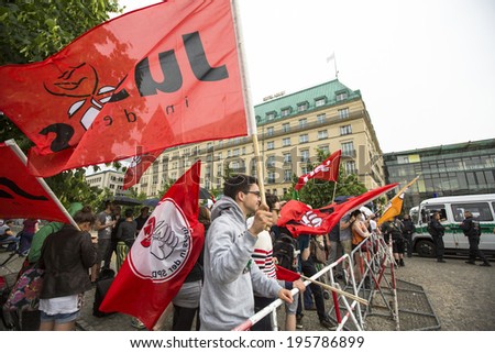 BERLIN, GERMANY - MAY 23, 2014: Rally against AfD is a centrist political party founded in 2013. Won 7 of Germany\'s 96 seats for European Parliament in May 2014 election.