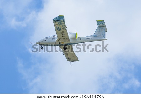 BERLIN, GERMANY - MAY 20, 2014: Prototype electric aircraft Airbus E-Fan (Airbus / France), demonstration during the International Aerospace Exhibition ILA Berlin Air Show-2014.