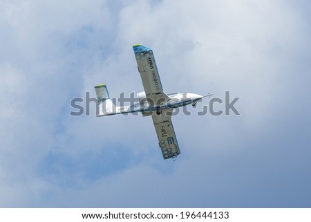 BERLIN, GERMANY - MAY 20, 2014: Prototype electric aircraft Airbus E-Fan (Airbus / France), demonstration during the International Aerospace Exhibition ILA Berlin Air Show-2014.