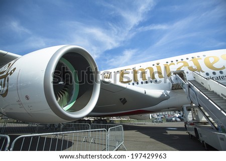 BERLIN, GERMANY - MAY 20, 2014: The aircraft Emirates Airbus A380, demonstration during the International Aerospace Exhibition ILA Berlin Air Show-2014.
