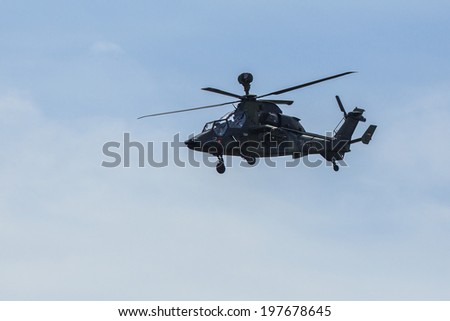 BERLIN, GERMANY - MAY 21, 2014: Tiger Multi-Role Combat Helicopter, demonstration at International Aerospace Exhibition ILA Berlin Air Show.