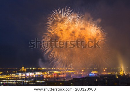 ST.PETERSBURG, RUSSIA - JUN 20, 2014: Light show and firework with a frigate with scarlet sails floating on the Neva River. In 2014, the festival Scarlet Sails celebrates its tenth anniversary.