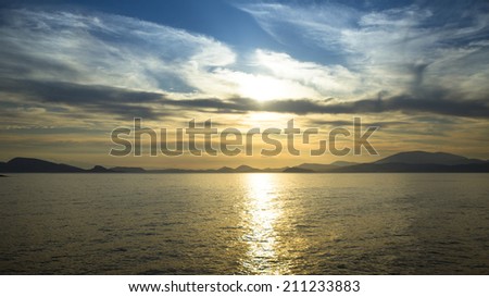 Sea scape scene, beach ocean sunset landscape.