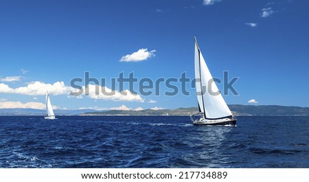 Beautiful luxury yacht at ocean race. Sailing regatta. Romantic trip.
