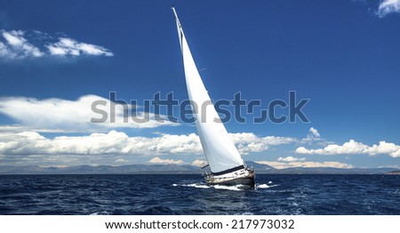 Lonely sailboat at sea. Romantic trip luxury yacht. Calm sea Sailing. Yacht  cruise.