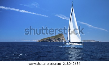 Beautiful sailboat at Sea. Romantic trip luxury yacht. Calm sea Sailing.