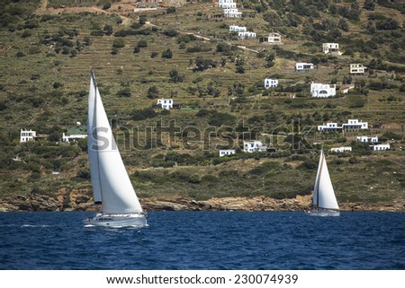 Sailboats trip on sea in Greece. Luxury yachts, sea voyages.