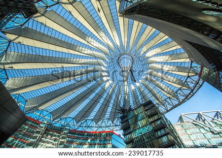 BERLIN, GERMANY - NOV 17, 2014: The Sony Center on Potsdamer Platz. Sony Center located at the Potsdamer Platz is a Sony-sponsored building complex, opened in 2000 year.