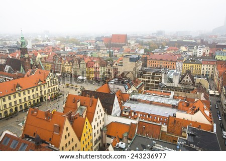 WROCLAW, POLAND - NOV 6, 2014: Top view of Wroclaw old town from the top of the tower of the church of Saint Elizabeth. Wroclaw is going to be European Capital of Culture in 2016.