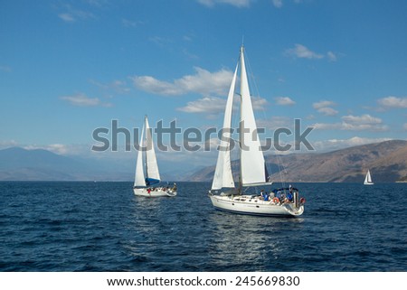 GALAXIDI, GREECE - SEP 29, 2014: Unidentified sailboats participate in sailing regatta \