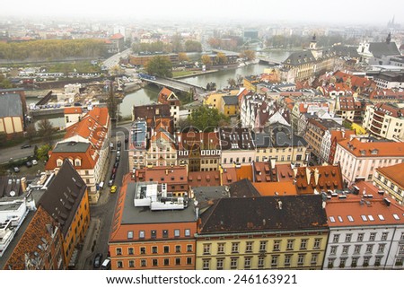 WROCLAW, POLAND - NOV 6, 2014: Top view of Wroclaw old town from the top of the tower of the church of Saint Elizabeth. Wroclaw is going to be European Capital of Culture in 2016.