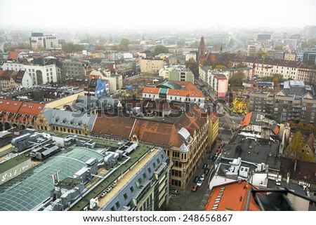 WROCLAW, POLAND - CIRCA NOV, 2014: Top view of Wroclaw old town from the top of the tower of the church of Saint Elizabeth. Wroclaw is going to be European Capital of Culture in 2016.